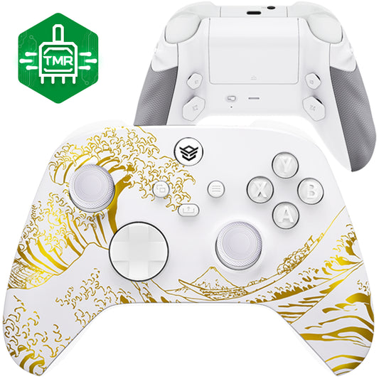 HEXGAMING ADVANCE Controller with TMR Joysticks & Adjustable Triggers for XBOX, PC, Mobile - White Golden Waves