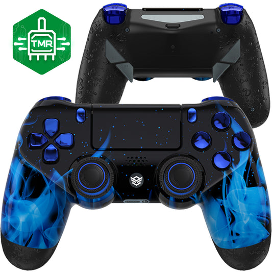 HEXGAMING NEW EDGE Controller with TMR Joysticks for PS4, PC, Mobile - Flames Chrome Blue